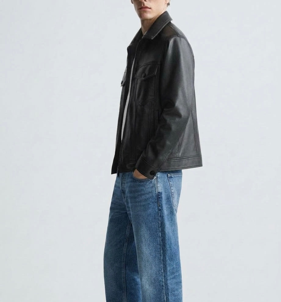 BLACK TRUCKER LEATHER JACKET